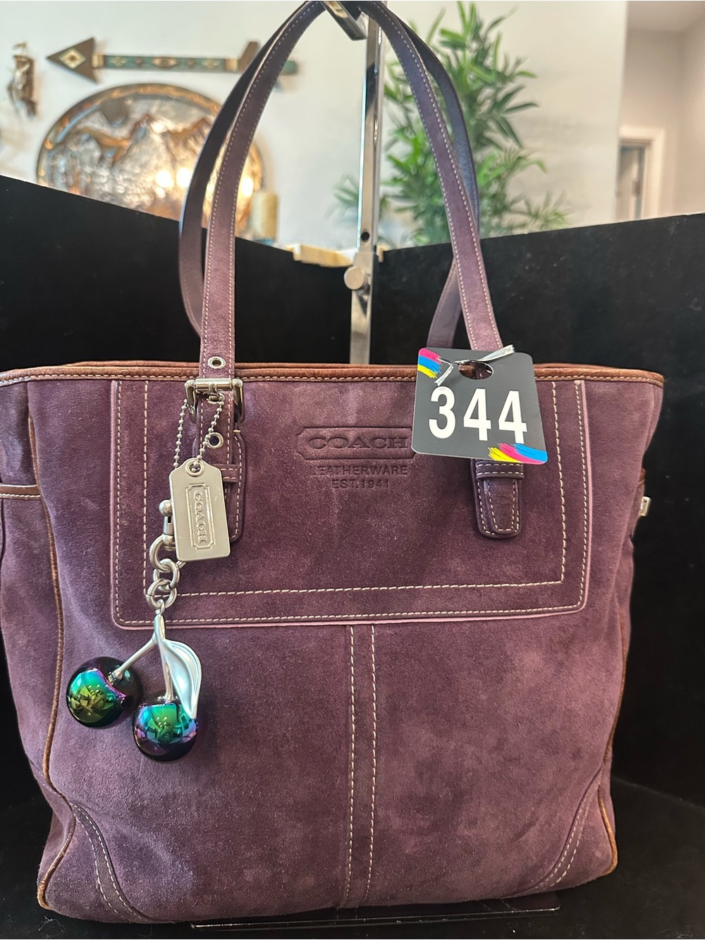 Coach #344 Vintage Hamptons Gallery Plum Suede Tote with Leather Trim